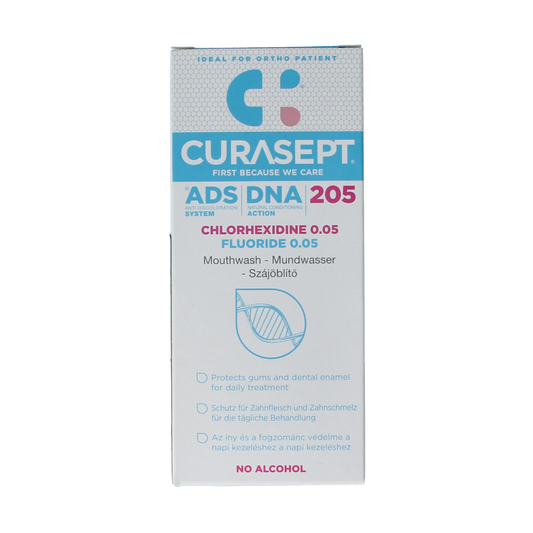 Curasept ADS DNA 205 CHX 0.05% mouthwash in a 200ml bottle, used as a mouth rinse for oral hygiene and gum health.