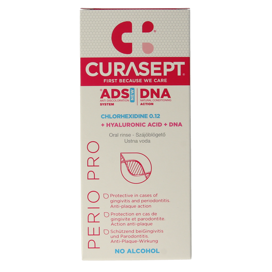 Curasept ADS DNA Perio Pro CHX 0.12% + HA mouthwash in a 200ml bottle, designed for oral health and periodontal care.