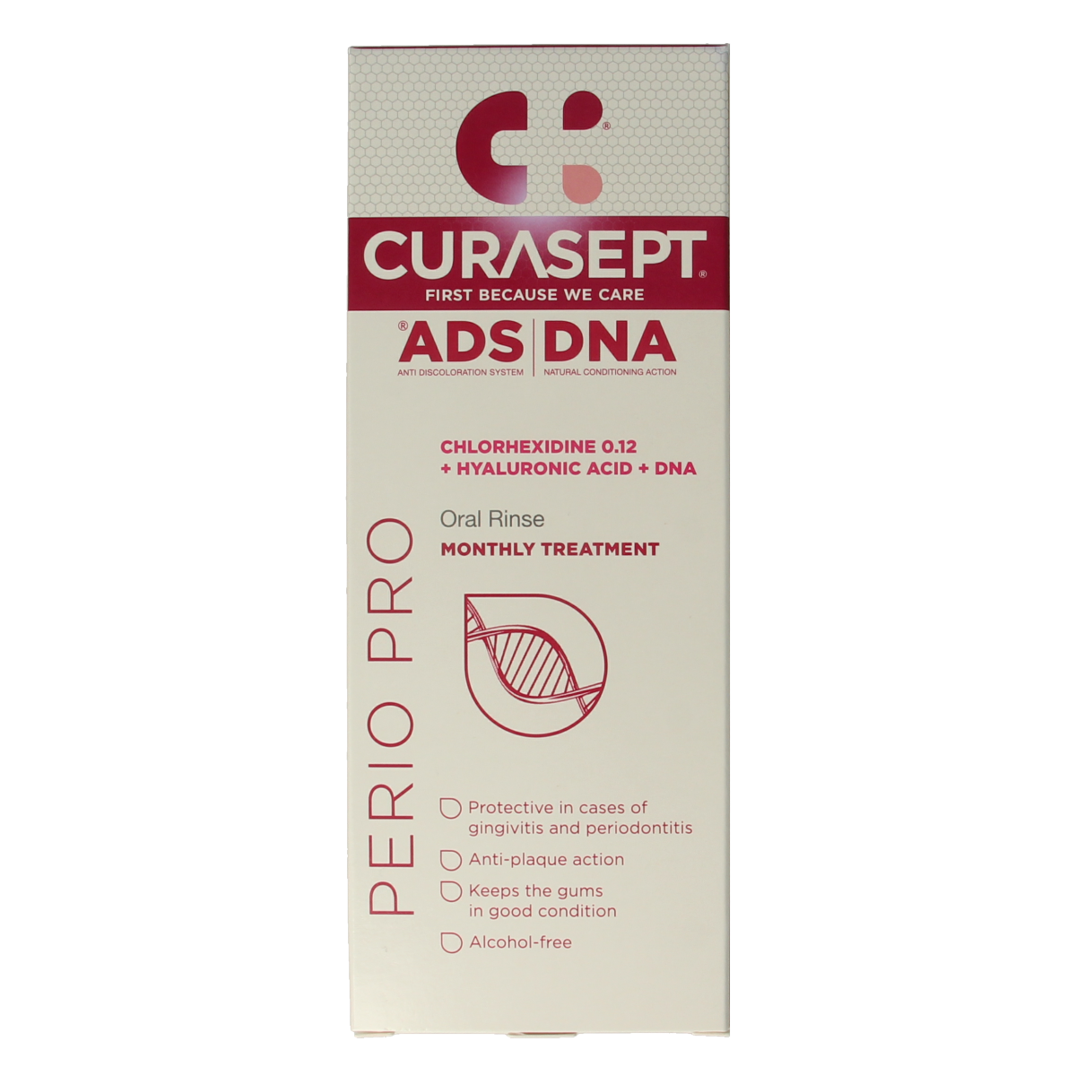 Curasept Perio chlorhexidine mouthwash bottle, 500ml, for oral hygiene and gum health, with the product label visible.