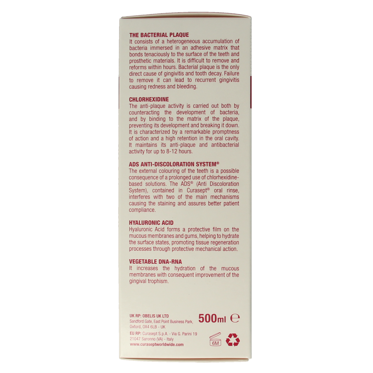 Curasept Perio mouthwash bottle with 500ml chlorhexidine rinse in a clear plastic container, labeled with product details.
