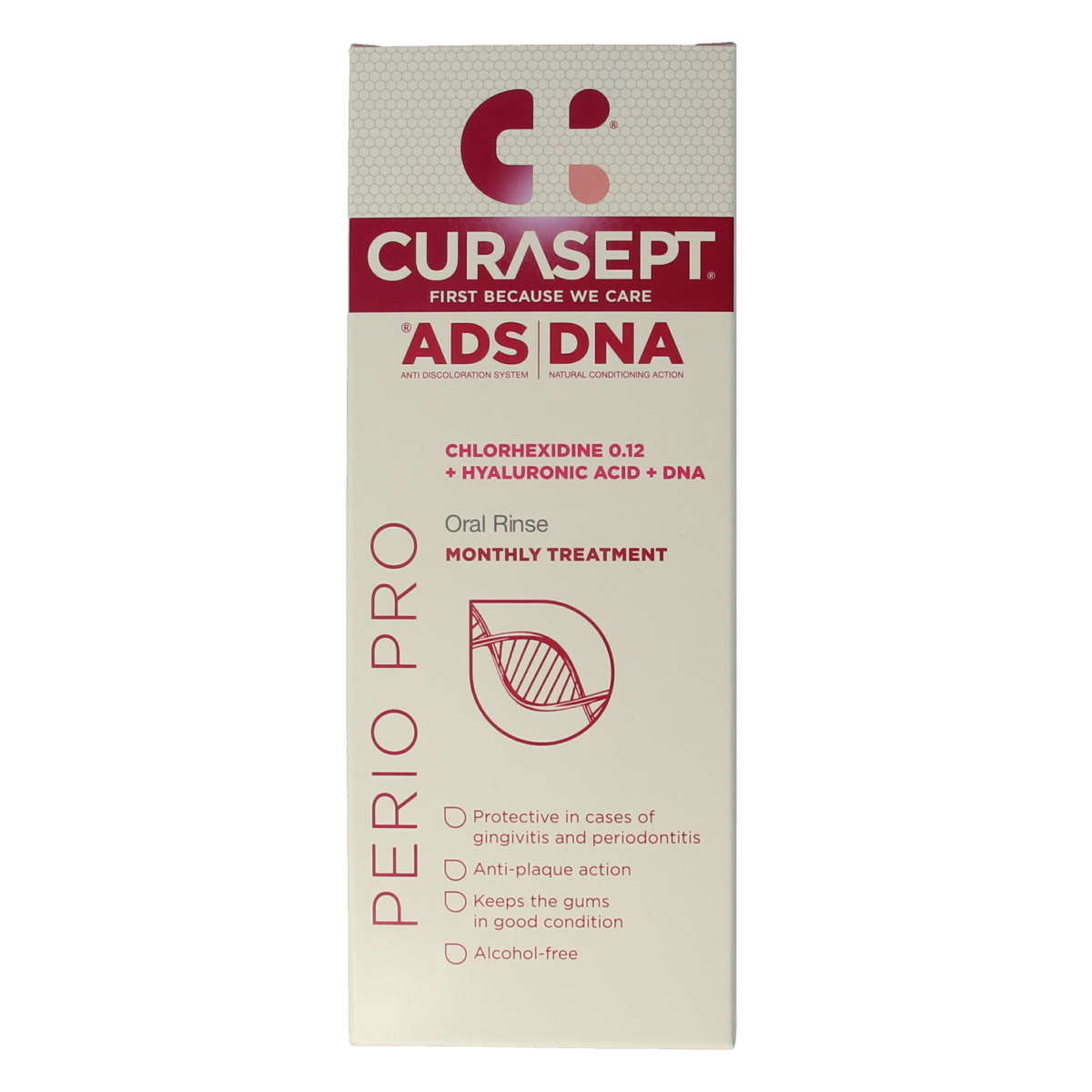 Curasept Perio chlorhexidine mouthwash in a 500ml bottle, ideal for oral hygiene and gum health care.