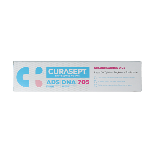 Curasept CURASEPT ADS DNA 705 0.05% chlorhexidine and fluoride toothpaste in a 75ml tube, with branding and product label visible.