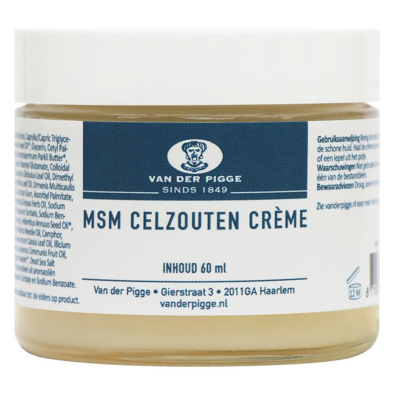 Van der Pigge MSM Celzoutencreme in 60ml jar, a body care product with a cream texture for skin nourishment and relaxation.