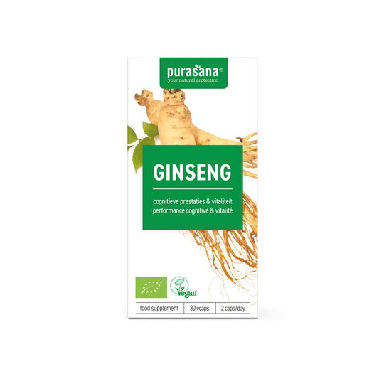 Purasana Ginseng vegan bio herbal capsules in a bottle, showcasing the vegetarian supplement packaging.