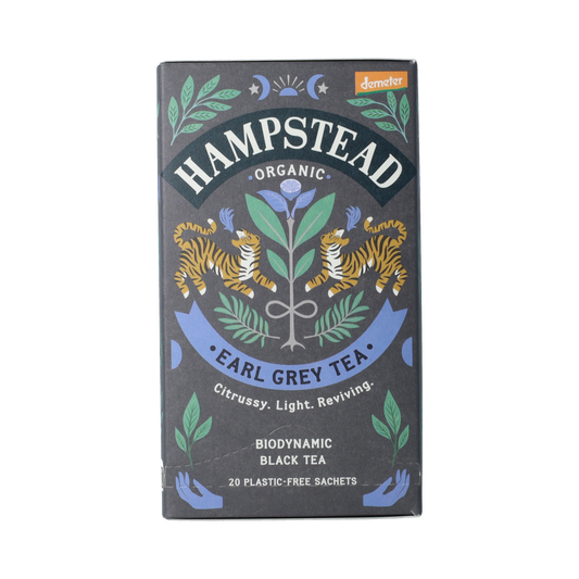 Hampstead Earl Grey bio tea bags, 20-count, with a box of organic Demeter-certified black tea for brewing.