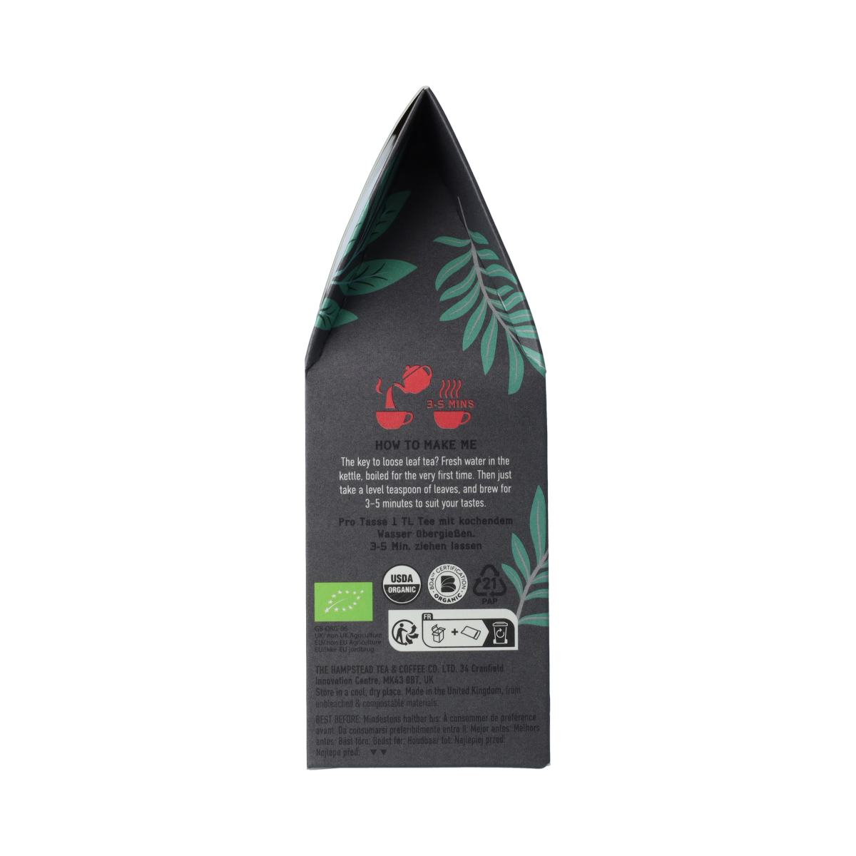 Hampstead Thee English Breakfast organic tea in 100g package, featuring a clear image of the tea packaging and branding.