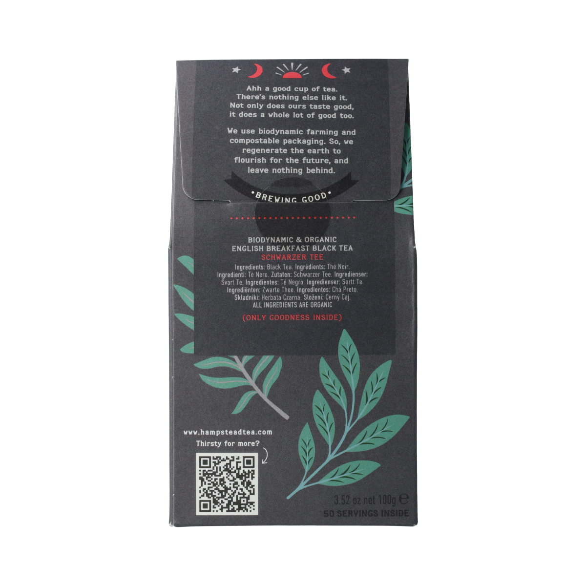 Hampstead Thee English Breakfast loose bio tea in a 100g package, showcasing the tea leaves and packaging details.