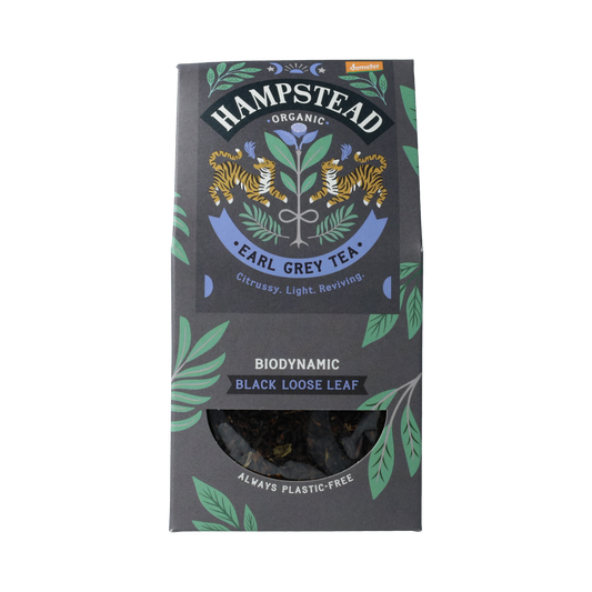 Hampstead Earl Grey loose bio tea in 100g package, showing the tea leaves and packaging label.