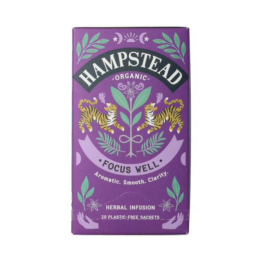 Hampstead Thee Focus Well bio tea bags, 20-count, organic herbal tea for relaxation and wellness, shown in a package.