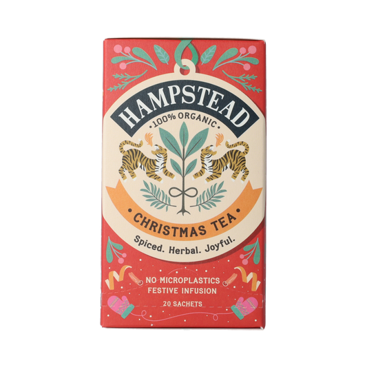 Hampstead Christmas bio tea box with 20 tea bags, featuring festive packaging and natural herbal ingredients.