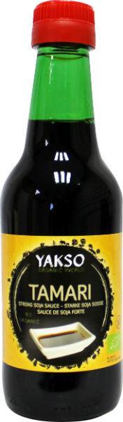 Bottle of Yakso Tamari bio soy sauce in 250ml glass container, showcasing the dark liquid inside.