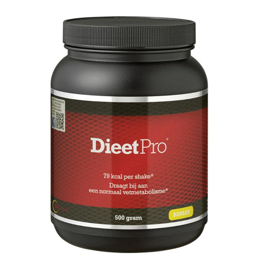Dieet Pro Banaan kruidenpreparaat in 500g verpakking, fresh banana flavor, natural herbal supplement.