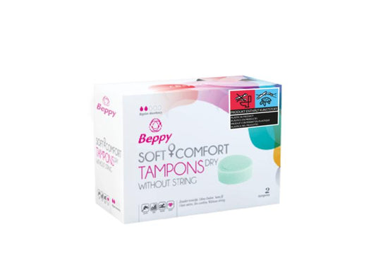 Beppy Soft+ comfort tampons dry, 2-pack, discreet feminine hygiene product for women, featuring soft, absorbent material.