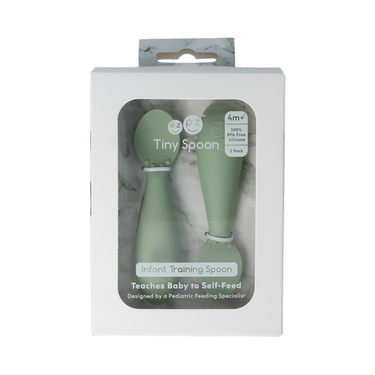 Ezpz Tiny spoon set for toddlers, includes two baby spoons with ergonomic handles, ideal for feeding young children.
