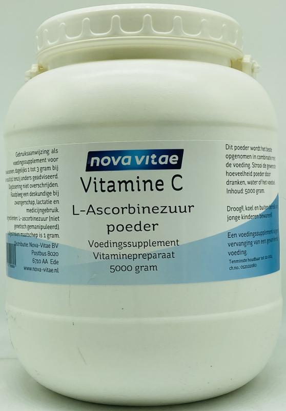 Nova Vitae Vitamine C ascorbinezuur poeder in 5kg bag, natural vitamin supplement with pure vitamin C powder.