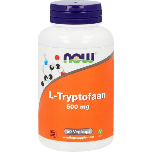 Vegetarian NOW L-Tryptophan 500mg amino acid capsules in a clear bottle, showing the supplement capsules inside.