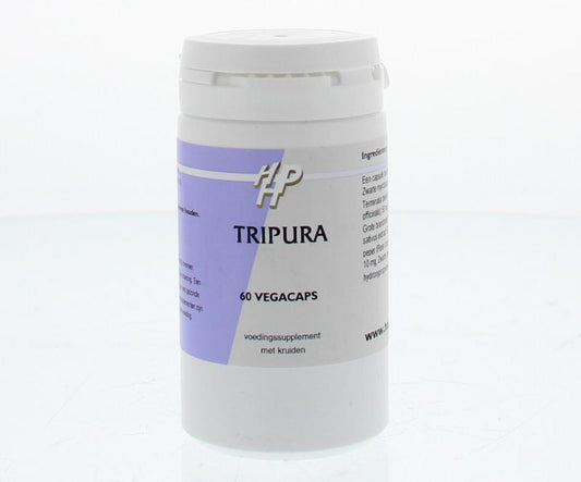 Holisan Tripura 60 capsules of herbal supplement in a clear bottle with a label showing the product name and brand.