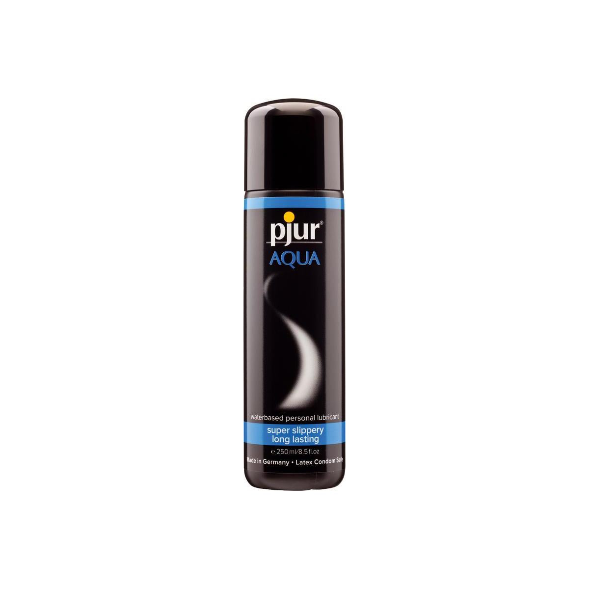 Pjur Aqua water-based lubricant bottle, 250ml, smooth and clear, ideal for personal intimate use, by Pjur brand.