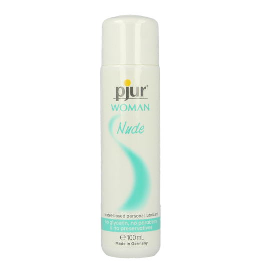 Pjur Woman nude lubricant 100ml bottle, clear gel for intimate use, featuring the Pjur brand logo on the packaging.