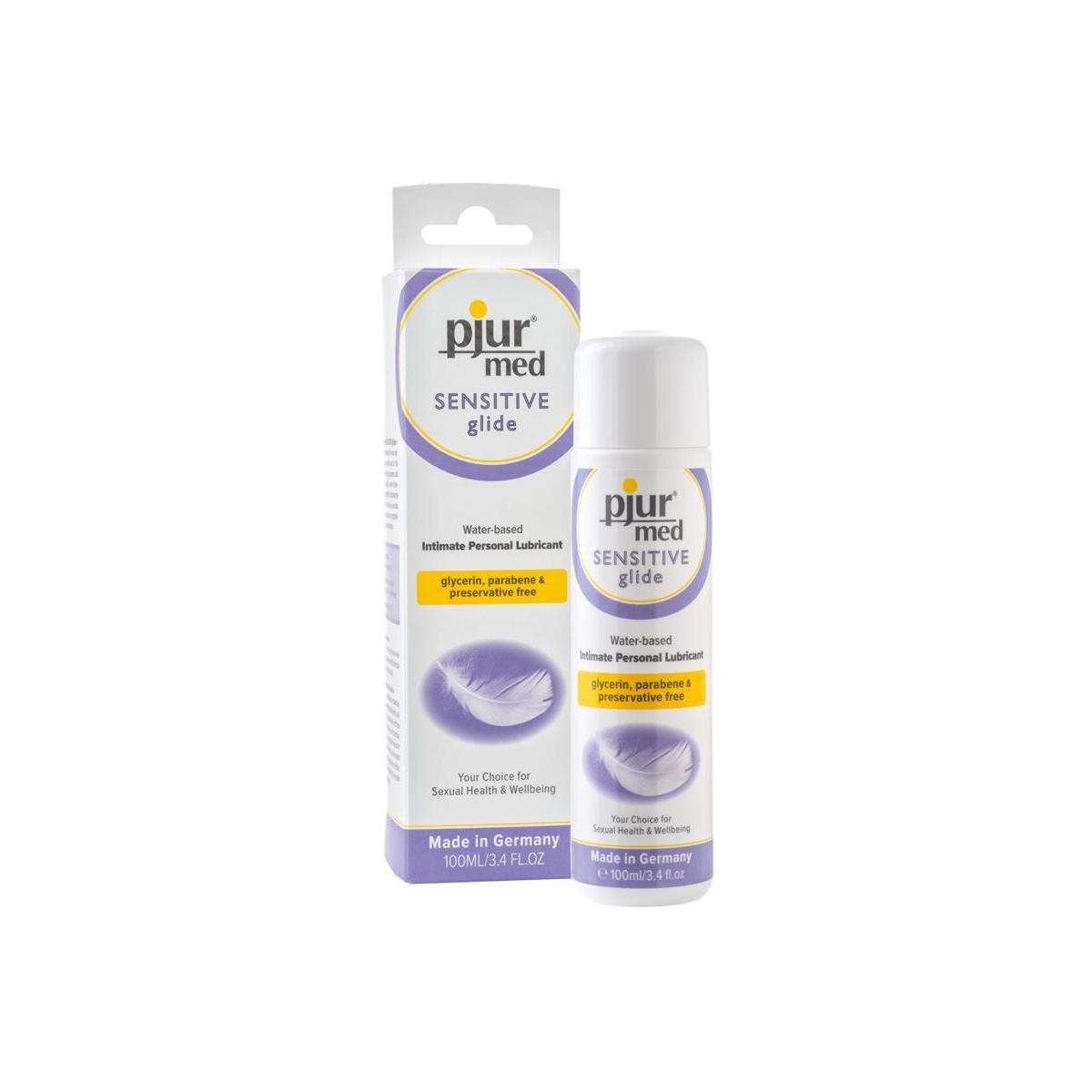 Pjur Sensitive glide lubricant 100ml in clear bottle, smooth texture, ideal for sensitive skin, with brand label visible.