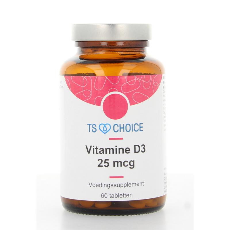 TS Choice Vitamin D3 25mcg supplement in a bottle of 60 tablets, showing the packaging and tablets inside.