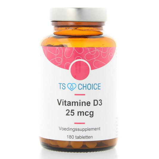 TS Choice Vitamin D3 25mcg supplement tablets, 180 count, showing the bottle and tablets in a natural setting