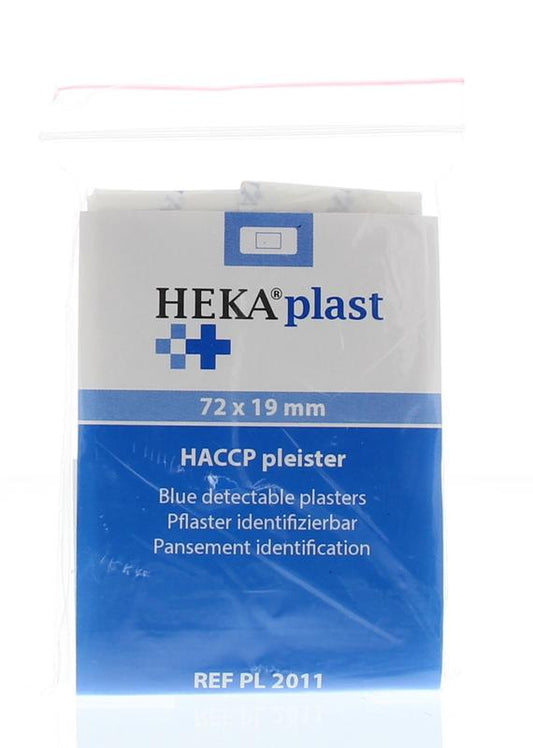 Blue Heka HACCP pleisters 72x19mm, 25-pack, adhesive bandages ideal for food safety and hygiene.