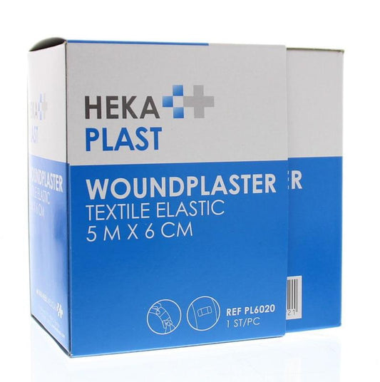 Hekaplast pleister dispenser roll with 5m x 6cm textile bandage, shown in the image.