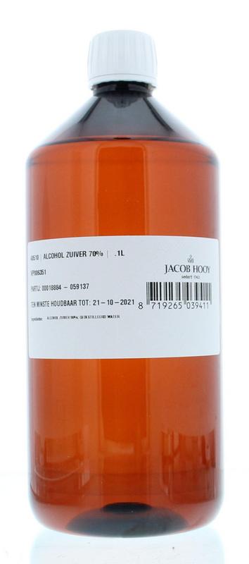Jacob Hooy 70% pure alcohol in a 1-liter bottle, used for cleaning and disinfecting, shown in a clear plastic container.