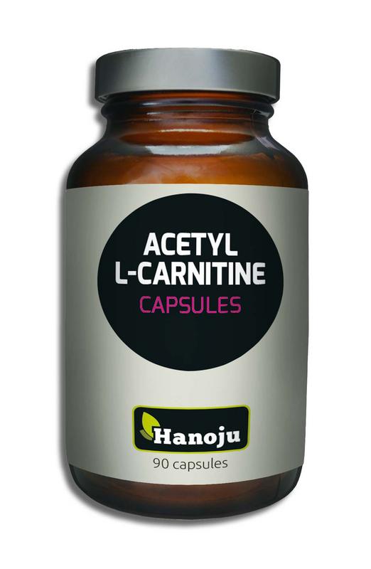 Hanoju Acetyl-L-Carnitine 400mg capsules, dietary supplement for amino acids, in a bottle with 90 capsules.
