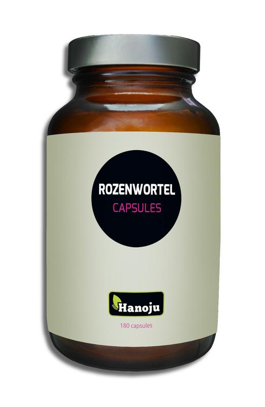 Hanoju Rozenwortel capsules in a bottle, herbal supplement with 180 capsules, for wellness and natural health support.