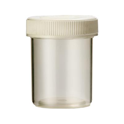 Clear 25ml Spruyt Hillen tablet flask with a screw cap, shown in a close-up view, designed for packaging pharmaceuticals.