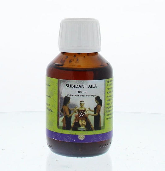 Holisan Subidan body oil in a 100ml bottle, natural skincare product for body care and nourishment, with a clear label.