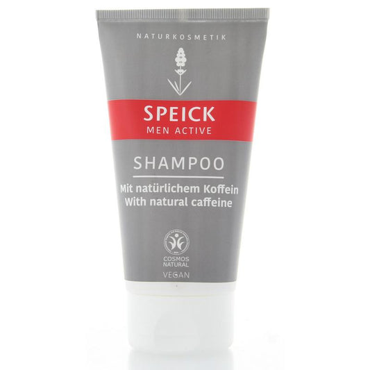 Speick Man Active Shampoo 150ml, natural hair care product with herbal ingredients, in a clear bottle with a pump dispenser.