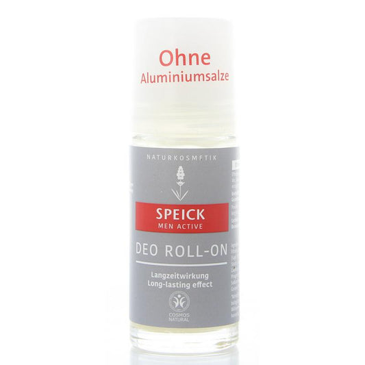 Speick Man Active deodorant roll-on bottle, 50ml, with a sleek design and clear label showing the Speick brand and product details.
