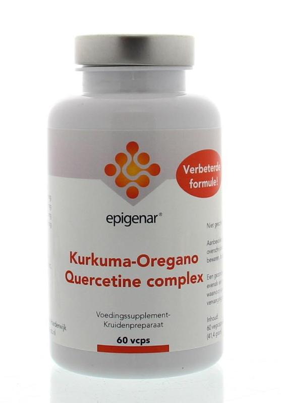 Epigenar Kurkuma oregano quercetine complex vegetarian capsules in a bottle, herbal supplement for wellness.