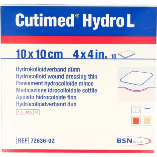 Cutimed Hydro L gauze and compresses, 10cm x 10cm, pack of 10 sterile wound dressings for medical use.