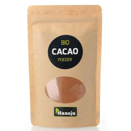 Hanoju organic cacao powder in a 150g package, raw superfood with rich cocoa color and natural texture.