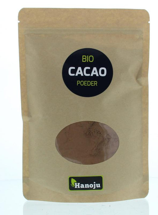 Hanoju bio cacao poeder, 250g, raw superfood in a clear jar showing rich dark cacao powder