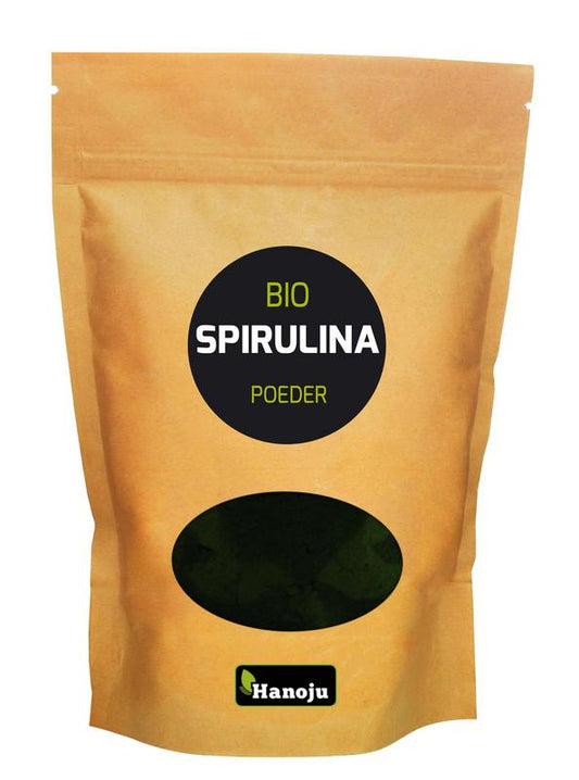 Hanoju Spirulina poeder bio in 500 gram verpakking, organic blue-green algae supplement in a clear jar