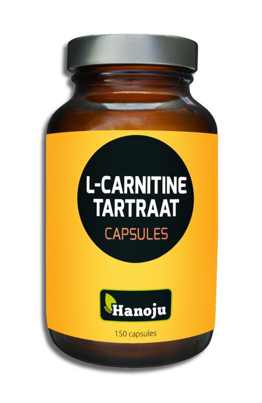Hanoju L-Carnitine & L-Tartrate 150 vegetarian capsules, amino acids supplement with clear bottle and label visible.