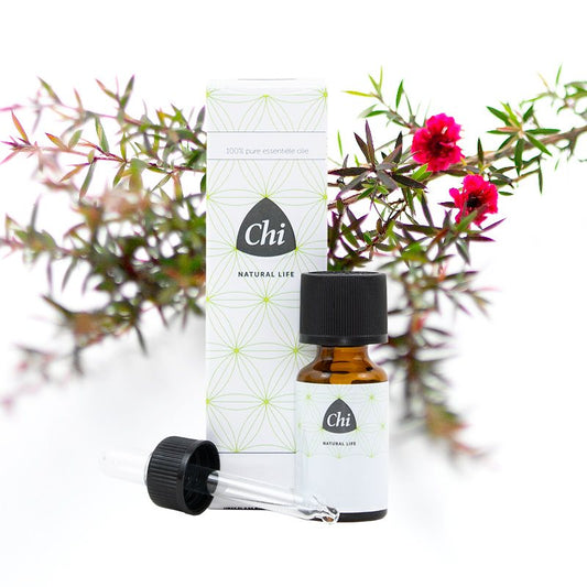 Chi Manuka Wild essential oil in a 10ml bottle, showcasing the natural amber-colored glass and label of the Chi brand.