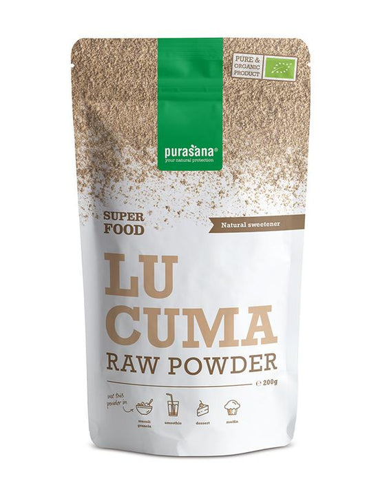 Purasana Lucuma powder vegan bio, 200g jar, showing the natural golden powder in a clear container.
