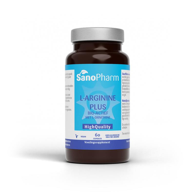 SanoPharm L Arginine amino acid capsules, high-quality supplement, 60 capsules in a clear bottle with label.