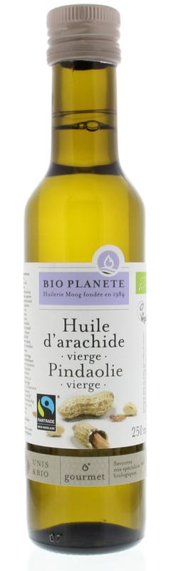 Organic Bio Planete virgin peanut oil in a 250ml bottle, showing clear glass container with golden peanut oil inside.