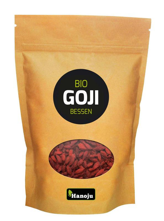 Hanoju Gojibessen organic herbal tea in paper bag, 150 grams, featuring dried goji berries for herbal preparation.