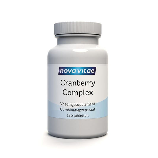 Nova Vitae Cranberry D-Mannose complex herbal supplement in a bottle of 180 tablets, with the tablets visible in the image.