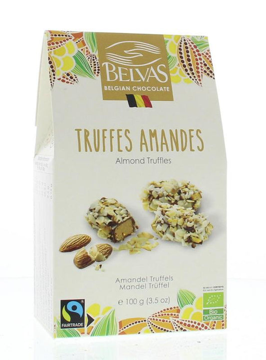 Belvas bio almond chocolate truffles in a 100g package with almonds and smooth chocolate coating.