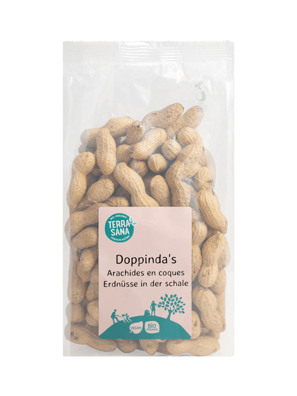 TerraSana Doppinda's gebrand bio chips and zoutjes in a 330g package, showing crispy, salted snack pieces in a natural setting.