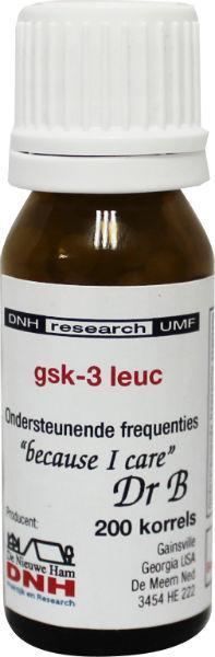 Close-up of DNH GSK 3 leuc herbal supplement bottle with 200 capsules, part of the DNH kruidenpreparaten line.